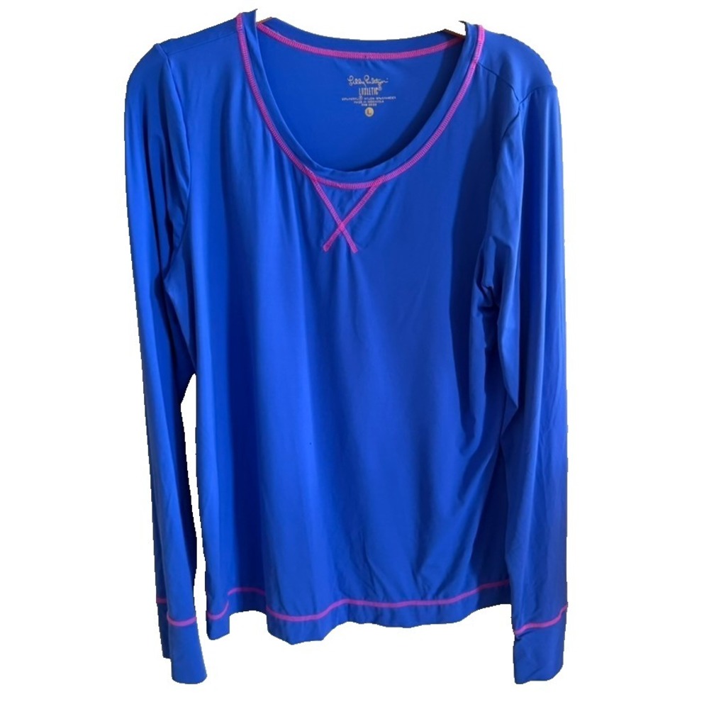 LILLYā PULITZER Luxletic Tee Sleeve Vibrant Blue Thumbholes EUC Sz Large Sporty